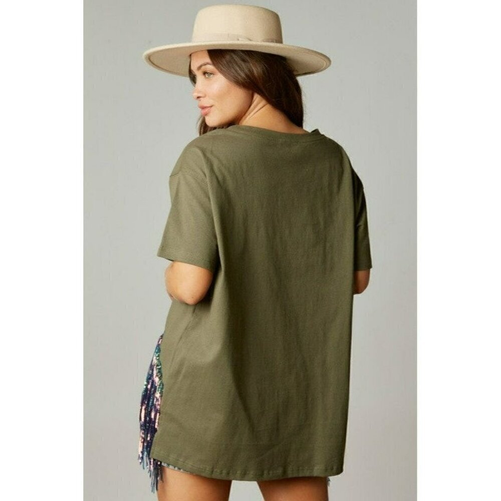 Here for the Fringe Chevron Sequin Top in Olive - Picture 6 of 8